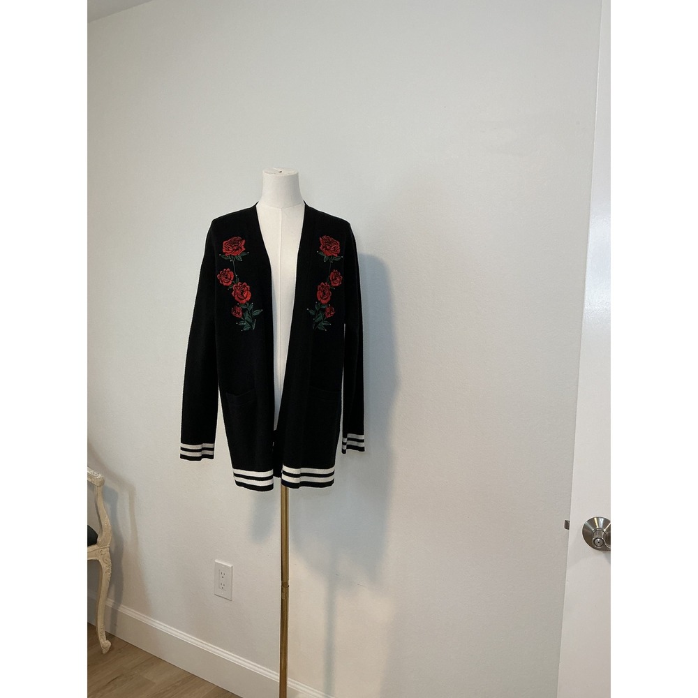 Sandro Paris Black Rose Embroidered Varsity Stripe Open Front Cardigan Sweater - Picture 2 of 2